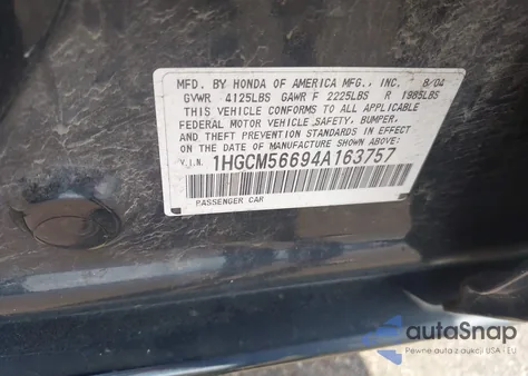 2004 Honda Accord 2.4 Ex из США, поврежденный, VIN 1HGCM56694A163757